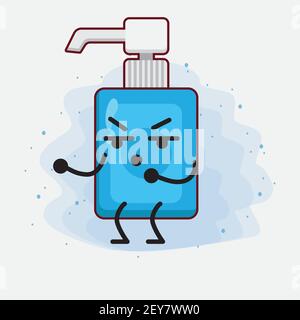 Vektor-Illustration von Hand Sanitizer Charakter mit niedlichen Gesicht, einfache Hände und Bein Linie Kunst auf isolierten Hintergrund. Flache Cartoon Doodle Stil. Stock Vektor