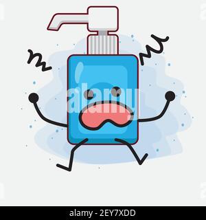 Vektor-Illustration von Hand Sanitizer Charakter mit niedlichen Gesicht, einfache Hände und Bein Linie Kunst auf isolierten Hintergrund. Flache Cartoon Doodle Stil. Stock Vektor