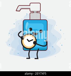 Vektor-Illustration von Hand Sanitizer Charakter mit niedlichen Gesicht, einfache Hände und Bein Linie Kunst auf isolierten Hintergrund. Flache Cartoon Doodle Stil. Stock Vektor