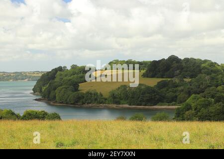 Blick über den Fluss Fal von den Trelissick Wiesen Gärten Stockfoto