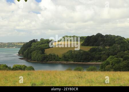 Blick über den Fluss Fal von den Trelissick Wiesen Gärten Stockfoto