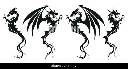 Dragons - Dragon Symbol Tattoo, Satz von schwarz-weiß Vektor-Illustration, isoliert auf weißem Hintergrund Stock Vektor