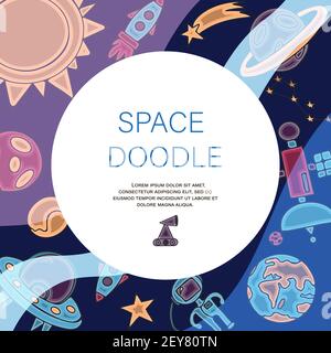 Hand zeichnen Raum Illustration mit einer Rakete, Astronaut, Planeten und Aliens. Niedlich, Kinder s Vektor Zeichnung über Raumschiffe, fliegende Untertassen und Stock Vektor
