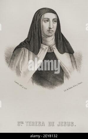 Teresa von Avila (1515-1582). Religiöser Reformator des Karmeliten-Ordens. Illustration von Llanta. Lithographie. Cronica General de España, Historia Ilustrada y Descriptiva de sus Provincias. Castilla-La Vieja, 1870. Stockfoto