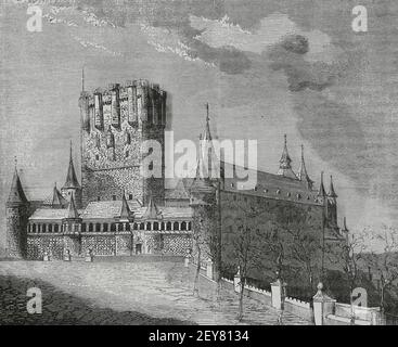 Spanien, Segovia. Alcazar. Turm von Johannes II. Von Kastilien. Gravur. Cronica General de España, Historia Ilustrada y Descriptiva de sus Provincias. Castilla-La Vieja, 1870. Stockfoto