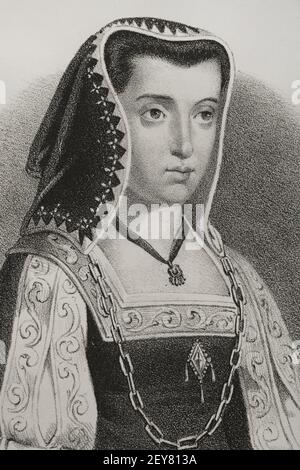 Joanna von Kastilien (bekannt als Joanna der Mad) (1479-1555). Königin von Kastilien (1504-1555) und Aragon (ab 1516), Tochter der Katholischen Könige. Ehefrau Philipps des Schönen. Illustration von Llanta, Detail. Lithographie. Cronica General de España, Historia Ilustrada y Descriptiva de sus Provincias. Castilla-La Vieja, 1870. Stockfoto