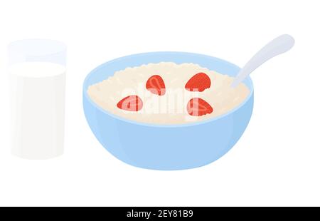Haferflocken-Frühstückschüssel mit Erdbeere. Tasse Haferkornbrei mit Glas Milch und Beeren isoliert auf weißem Hintergrund. Vector Food Stock Vektor
