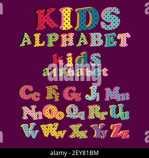 Kapital und numerisch niedlichen gepunkteten 3d-Alphabet isoliert auf lila Hintergrund. Vektorgrafik. Element für Design. Kinderalphabet. Stock Vektor