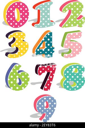 Niedliche Reihe von gepunkteten 3d-Zahlen isoliert auf weißem Hintergrund. Vektorgrafik. Element für Design. Kinder Alphabet. Eins, zwei, drei, vier, fünf, sechs, Stock Vektor