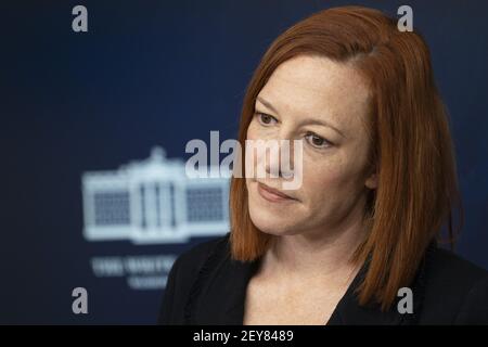 Washington, Usa. März 2021, 05th. Jen Psaki, die Pressesprecherin des Weißen Hauses, hält am Freitag, den 5. März 2021, im Weißen Haus in Washington DC eine Pressekonferenz. Pool Foto von Chris Kleponis/UPI Kredit: UPI/Alamy Live Nachrichten Stockfoto