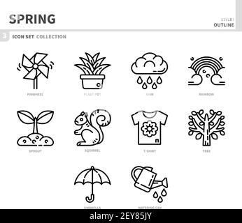 Frühling Saison Icon Set, Umriss Stil, Vektor und Illustration Stock Vektor