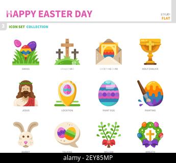 Frohe ostern Tag Icon Set, Farbe flach Stil, Vektor und Illustration Stock Vektor