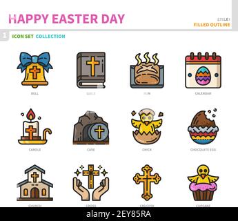 Frohe ostern Tag Icon Set, gefüllt Umriss Stil, Vektor und Illustration Stock Vektor