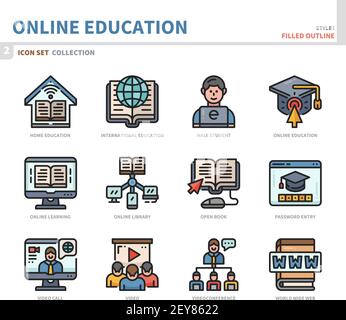 Online-Bildung und Lernen Icon-Set, gefüllte Gliederungsstil, Vektor und Illustration Stock Vektor