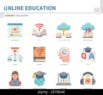 Online-Bildung und Lernen Icon-Set, Farbe flach Stil, Vektor und Illustration Stock Vektor