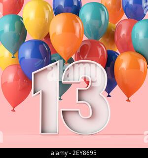 Happy 13th Geburtstag Hintergrund mit bunten Ballons. 3D Rendering Stockfoto