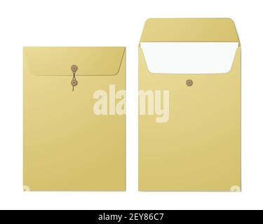 Satz von Bastelpapiermappen isoliert auf weißem Hintergrund. Vector Mockup von A4 Größe Umschlag in einer gefalteten und ungefalteten Position. Stock Vektor