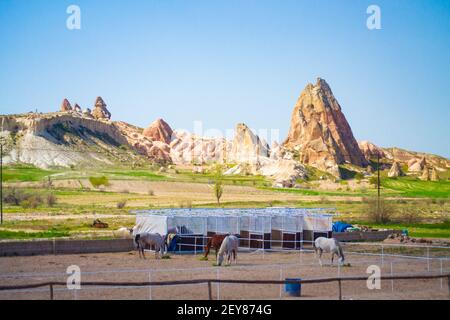 Blick von Kappadokien - eine semi-aride Region in der Zentraltürkei, ist bekannt für seine unverwechselbaren "Feenkamine", hohe, kegelförmige Felsen bekannt Stockfoto