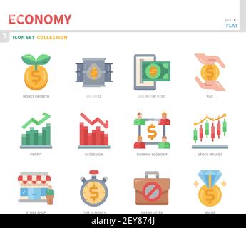 Economy Icon Set, flacher Farbstil, Vektor und Illustration Stock Vektor