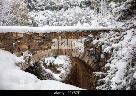 Winterzeit im Park Konzept. Haufen von weichen und weißen Schnee auf Bäumen und Ästen Hintergrund, Textur. Steinbrücke mit Schneeflocken bedeckt, gefrorener Teich A Stockfoto