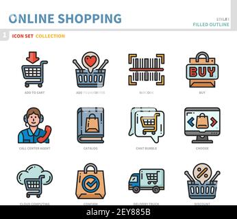 Online-Shopping und E-Commerce-Icon-Set, gefüllt Umriss Stil, Vektor und Illustration Stock Vektor