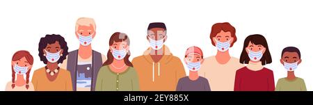 Menschen verschiedener Rasse, Alter, in medizinischen Masken, verschiedene Mann Frau und Kind stehen Stock Vektor
