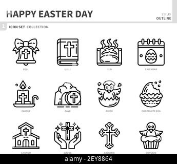 Frohe ostern Tag Icon Set, Umriss Stil, Vektor und Illustration Stock Vektor