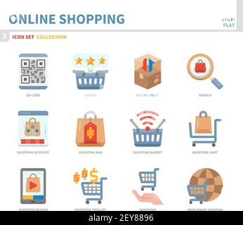 Online-Shopping und E-Commerce-Icon-Set, Farbe flachen Stil, Vektor und Illustration Stock Vektor