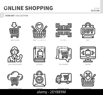 Online-Shopping und E-Commerce-Icon-Set, Umriss Stil, Vektor und Illustration Stock Vektor