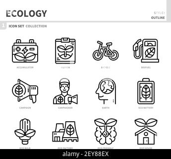 Ökologie und Umwelt Icon Set, Umriss Stil, Vektor und Illustration Stock Vektor