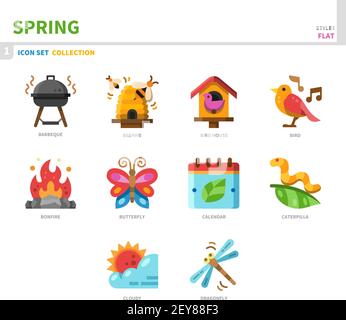 Frühling Saison Icon Set, Farbe flach Stil, Vektor und Illustration Stock Vektor