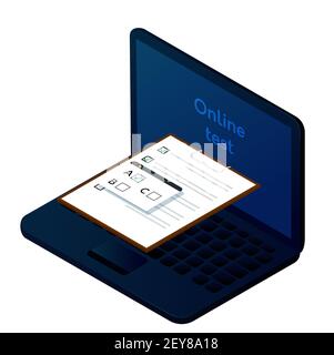 Online-Umfragen oder Prüfungsformular. Checkliste vom Laptop-Bildschirm. Isolierte Vektor-isometrische Darstellung. Stock Vektor