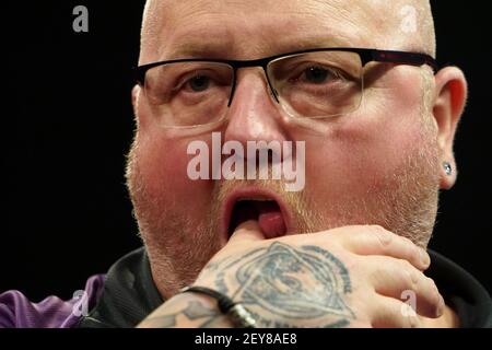 Andy Hamilton während des Tages eines der Ladbrokes UK Open 2021 Turnier in der Marshall Arena, Milton Keynes. Bilddatum: Freitag, 5. März 2021. Stockfoto