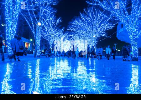 Eine Menschenmenge geht hinunter und macht Fotos in der Blue Cave Keyaki Namik, die von Millionen Blue LED Lights im Shibuya Tokyo beleuchtet wird. Stockfoto