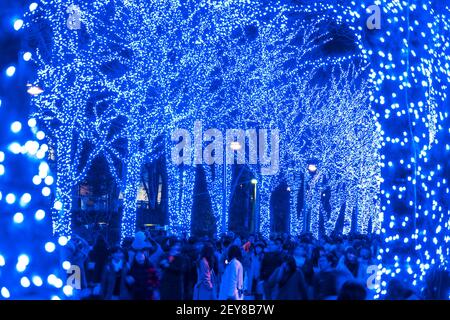 Eine Menschenmenge geht hinunter und macht Fotos in der Blue Cave Keyaki Namik, die von Millionen Blue LED Lights im Shibuya Tokyo beleuchtet wird. Stockfoto