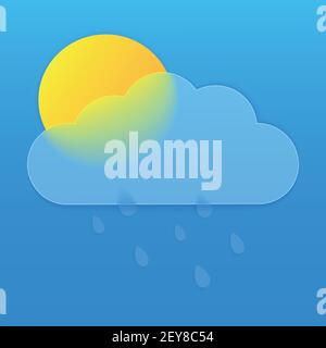 Vektorzeichnung. Wettersymbol mit Wolke im Stil Glas Morphismus Sonne und Regentropfen auf blauem Hintergrund. Stock Vektor