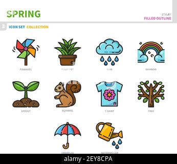 Frühling Saison Icon Set, gefüllte Umrissstil, Vektor und Illustration Stock Vektor