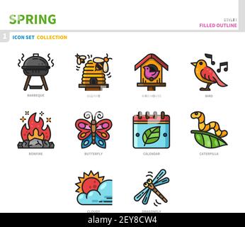 Frühling Saison Icon Set, gefüllte Umrissstil, Vektor und Illustration Stock Vektor