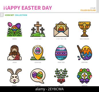 Frohe ostern Tag Icon Set, gefüllt Umriss Stil, Vektor und Illustration Stock Vektor