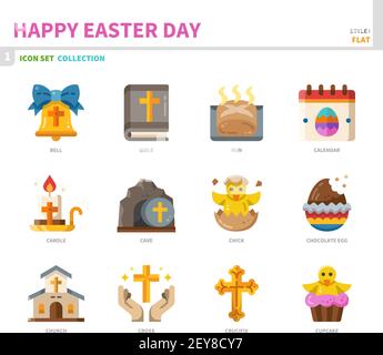 Frohe ostern Tag Icon Set, Farbe flach Stil, Vektor und Illustration Stock Vektor