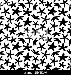 Weiß schwarz nahtlose endlose Vektor skizzieren Cartoon-Muster von Seesternen, Seesterne Tiere. Doodle der marinen Wirbellosen mit fünf Armen. Schwarzes Brett Stock Vektor