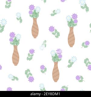 Blumen in beige Porzellan Vase einfache flache Stil Vektor Illustration nahtlose Muster, gemütliches Zuhause Konzept, Blumenstrauß für romantische Grußkarte, Textil, Stoffe Stock Vektor