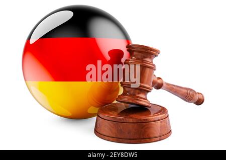 Deutsches Recht und Rechtskonzept. Holzfahne mit Flagge Deutschlands. 3D Rendering isoliert auf weißem Hintergrund Stockfoto