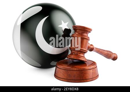 Pakistanisches Recht und Justiz Konzept. Holzfahne mit Flagge Pakistans. 3D Rendering isoliert auf weißem Hintergrund Stockfoto