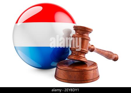 Luxemburgisches Recht und Justiz Konzept. Holzgavel mit Flagge von Luxemburg. 3D Rendering isoliert auf weißem Hintergrund Stockfoto