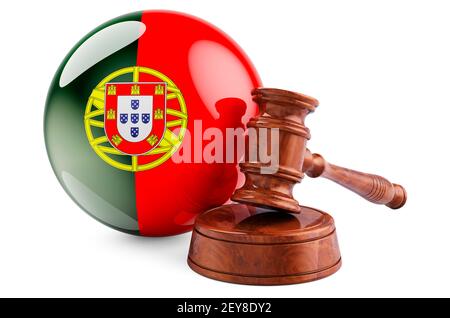 Portugiesisches Recht und Justiz Konzept. Holzfahne mit Flagge von Portugal. 3D Rendering isoliert auf weißem Hintergrund Stockfoto