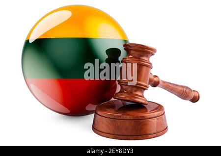 Litauische Recht und Justiz Konzept. Hölzerner gavel mit der Flagge Litauens. 3D Rendering isoliert auf weißem Hintergrund Stockfoto