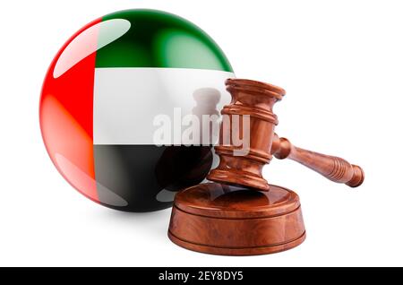 Das Recht und das Justizkonzept der Vereinigten Arabischen Emirate. Holzfahne mit Flagge der VAE. 3D Rendering isoliert auf weißem Hintergrund Stockfoto