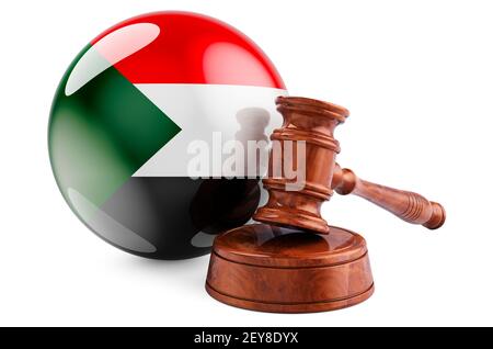 Sudanesisches Recht und Justiz Konzept. Holzfahne mit Flagge des Sudan. 3D Rendering isoliert auf weißem Hintergrund Stockfoto