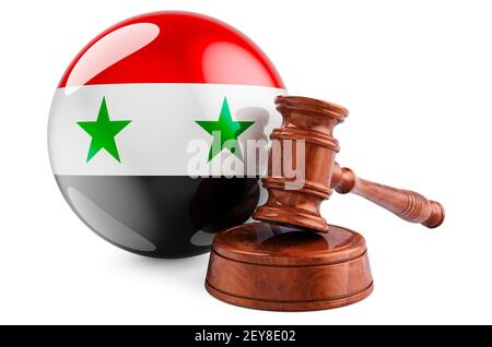 Syrisches Recht und Justiz Konzept. Holzfahne mit Flagge Syriens. 3D Rendering isoliert auf weißem Hintergrund Stockfoto